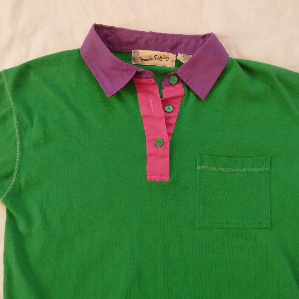 Vtg Diane Von Furstenberg 3/4 Sleeve Polo Green Purple Pink Womens Size Medium - Picture 3 of 9
